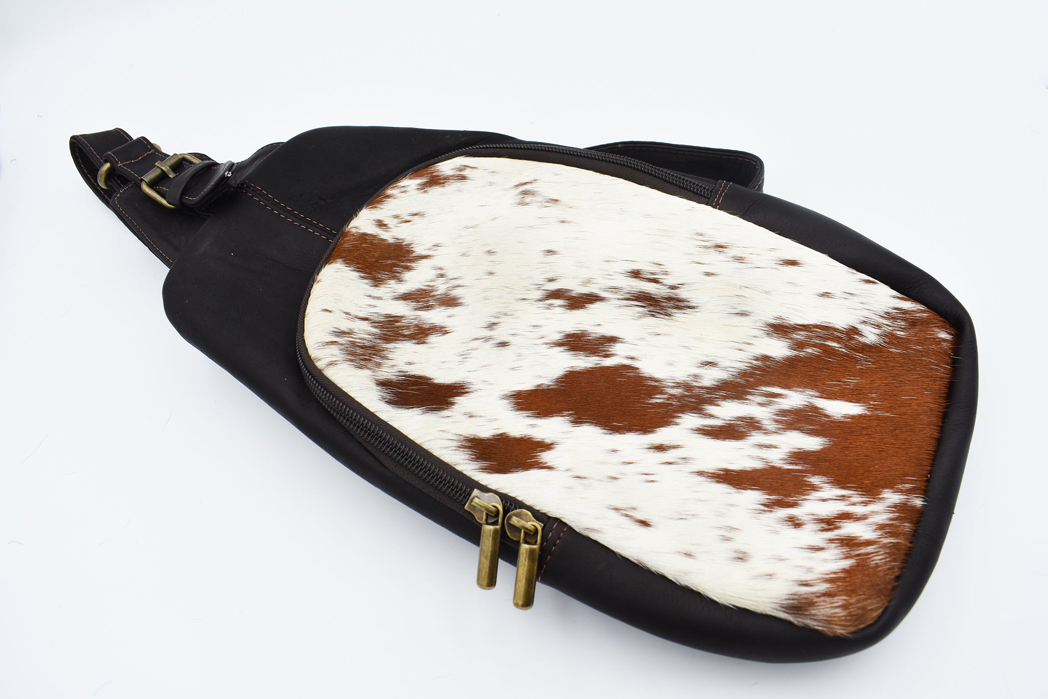 Sling, Off Shoulder Italian Leather with Brown and White  Spotted Cowhide Bag