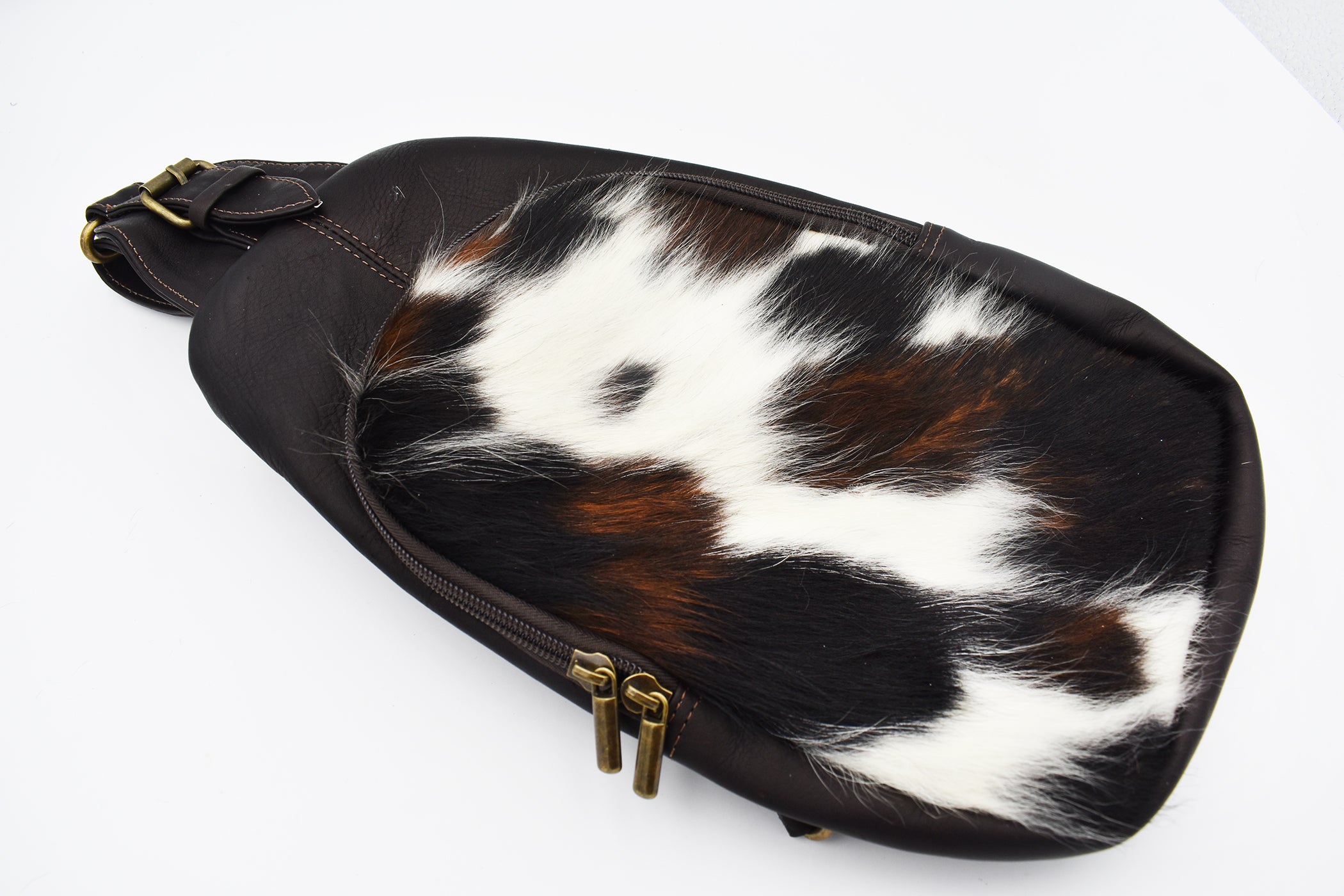 Sling, Off Shoulder Italian Leather with Brown and White Fur Cowhide front Bag