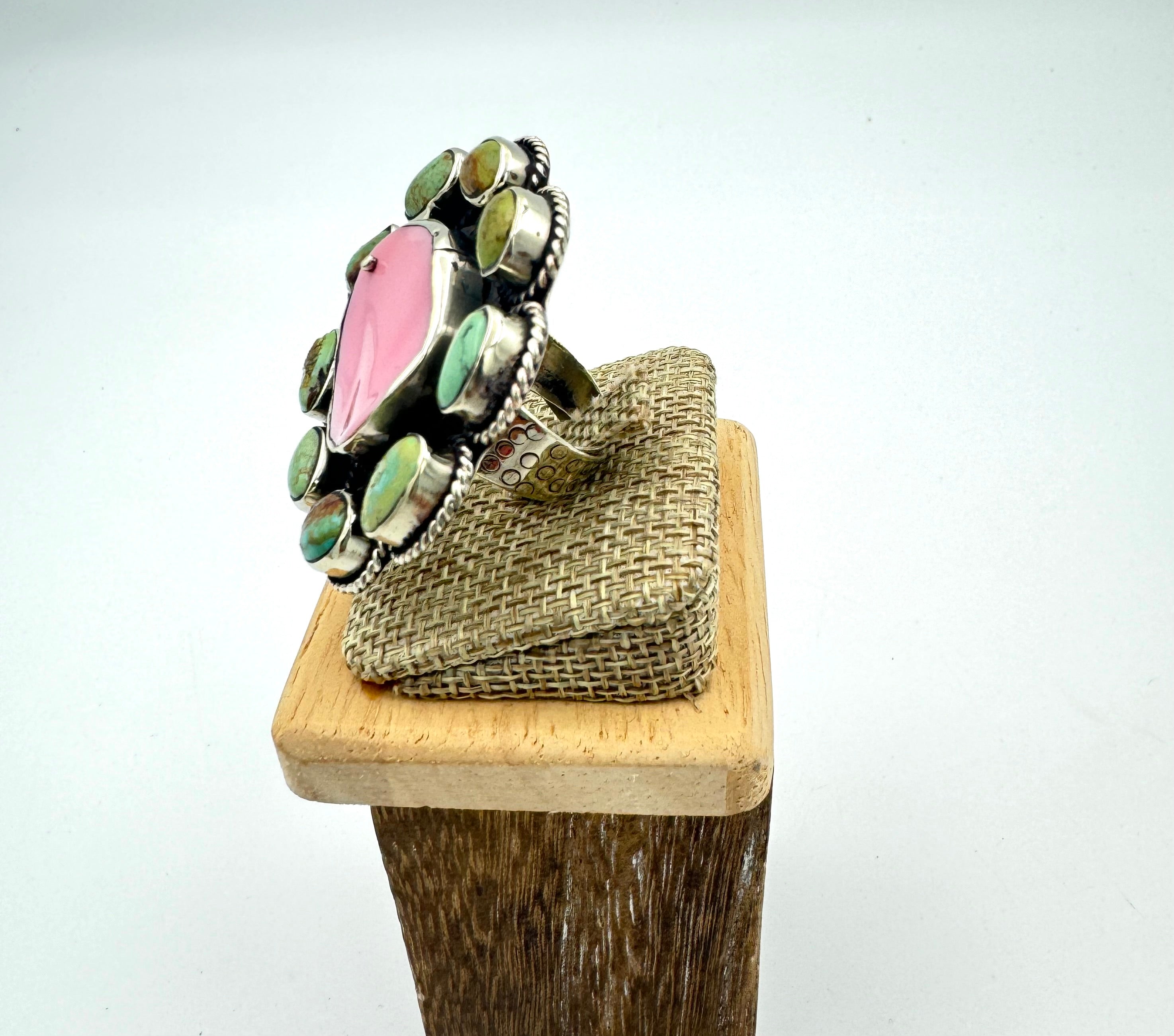 Turquoise Flower Ring with Pink Coral