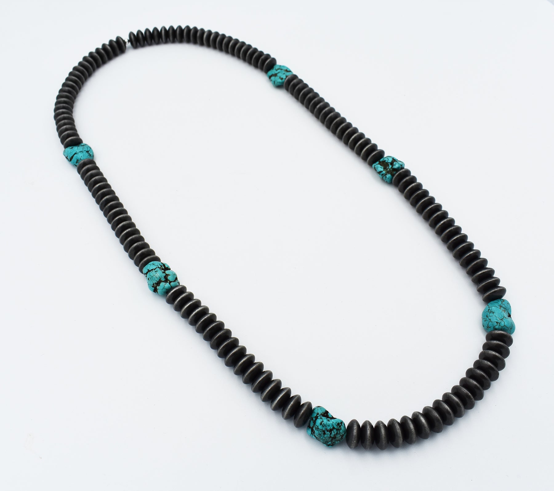 Turquoise and Silver Disc Shaped Pearl Necklace