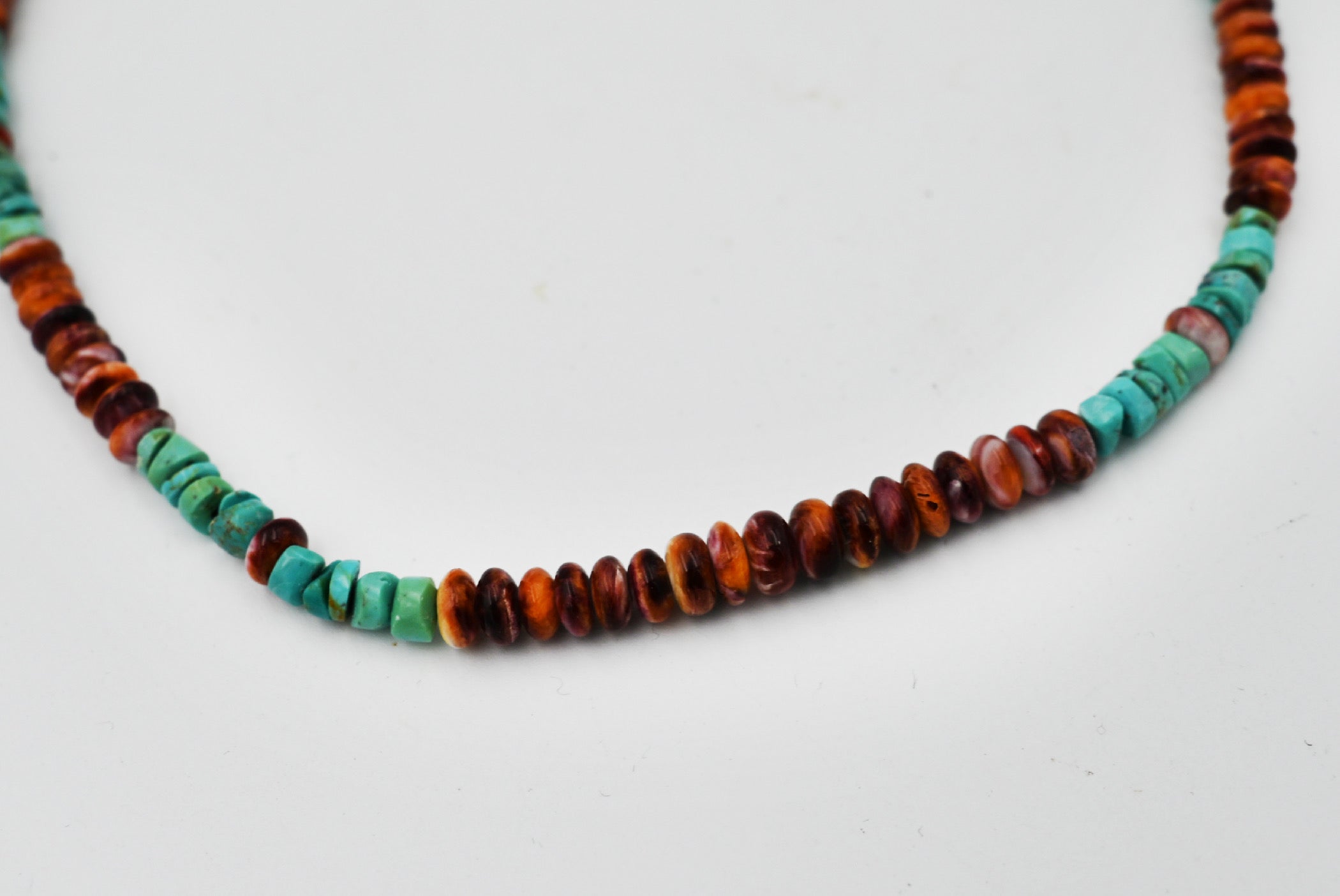 Small Turquoise and Spiny Oyster Beaded Disc Necklace