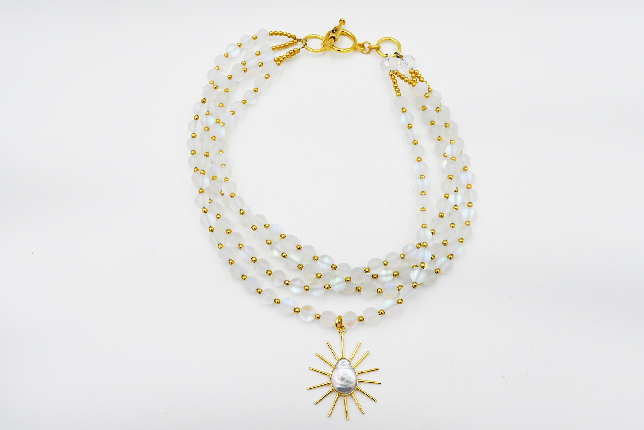 Triple Strand Clear Mermaid Glass Necklace with Pearl Sunbeam Charm
