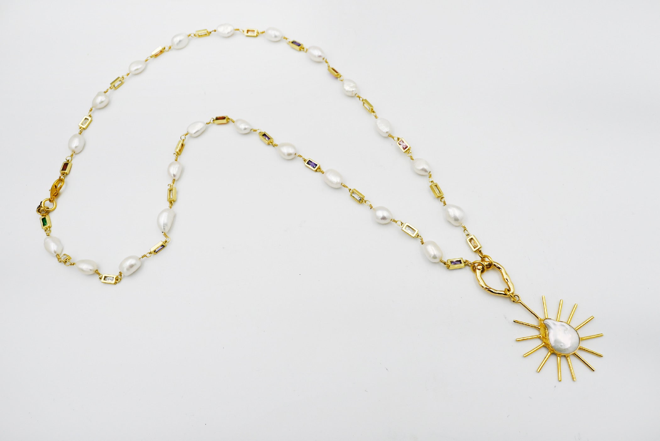 Pearl and Multi Crystal Necklace with Sunbeam Pendant