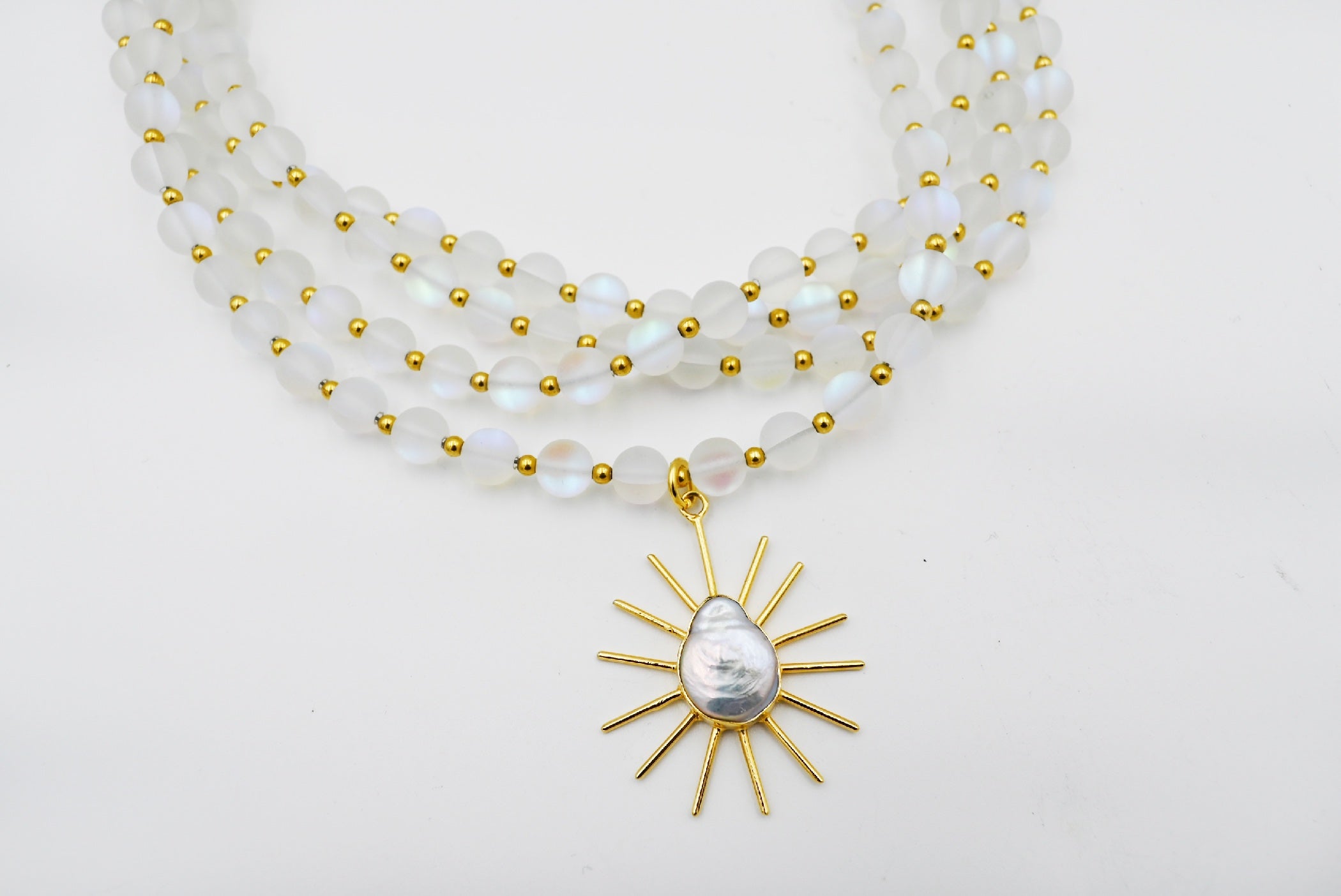 Triple Strand Clear Mermaid Glass Necklace with Pearl Sunbeam Charm