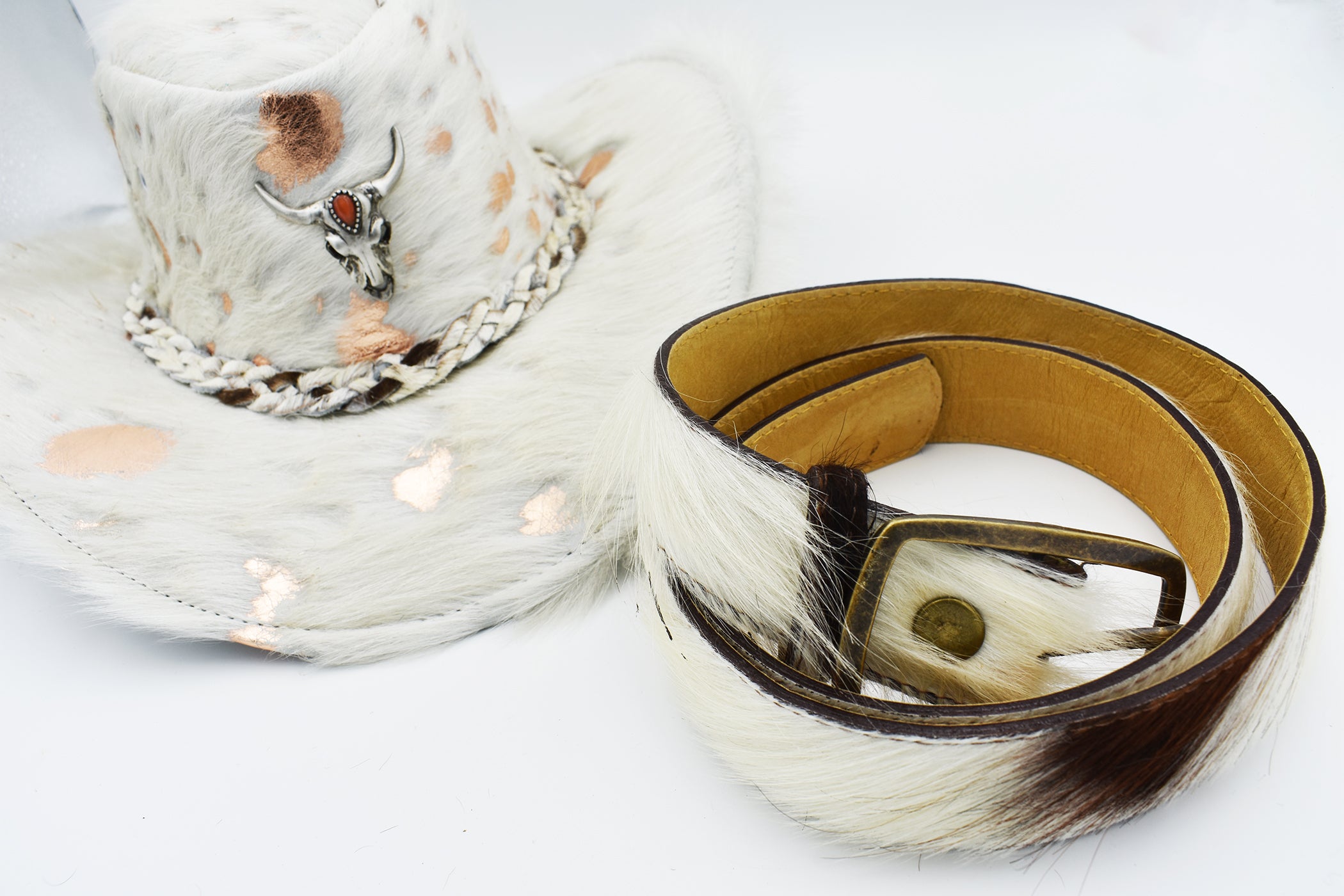 Brown and White Fur Cowhide Belt