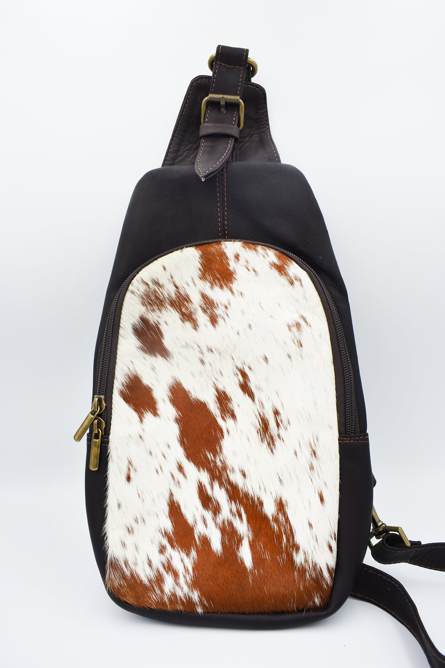 Sling, Off Shoulder Italian Leather with Brown and White  Spotted Cowhide Bag