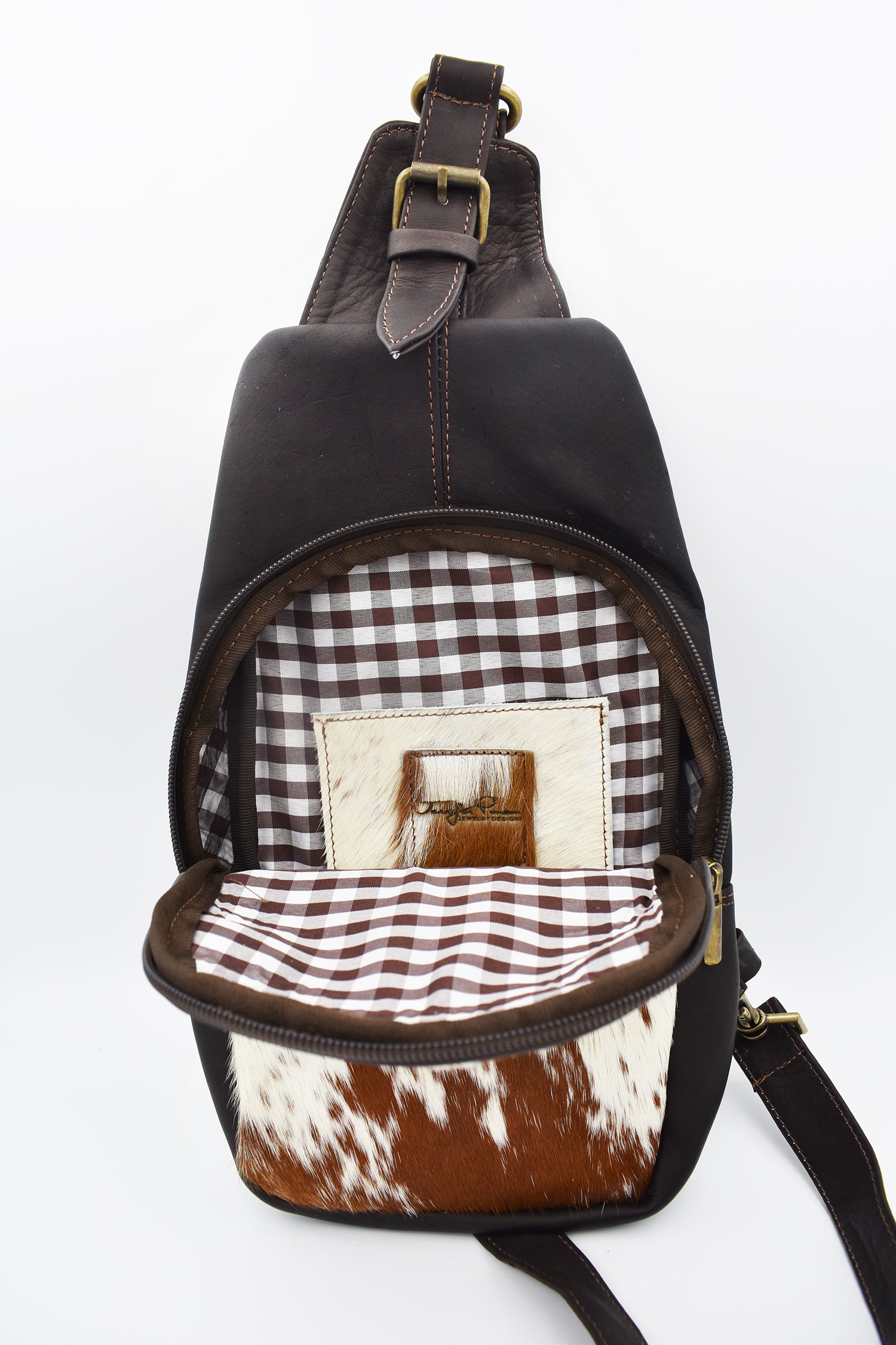 Sling, Off Shoulder Italian Leather with Brown and White  Spotted Cowhide Leather Bag