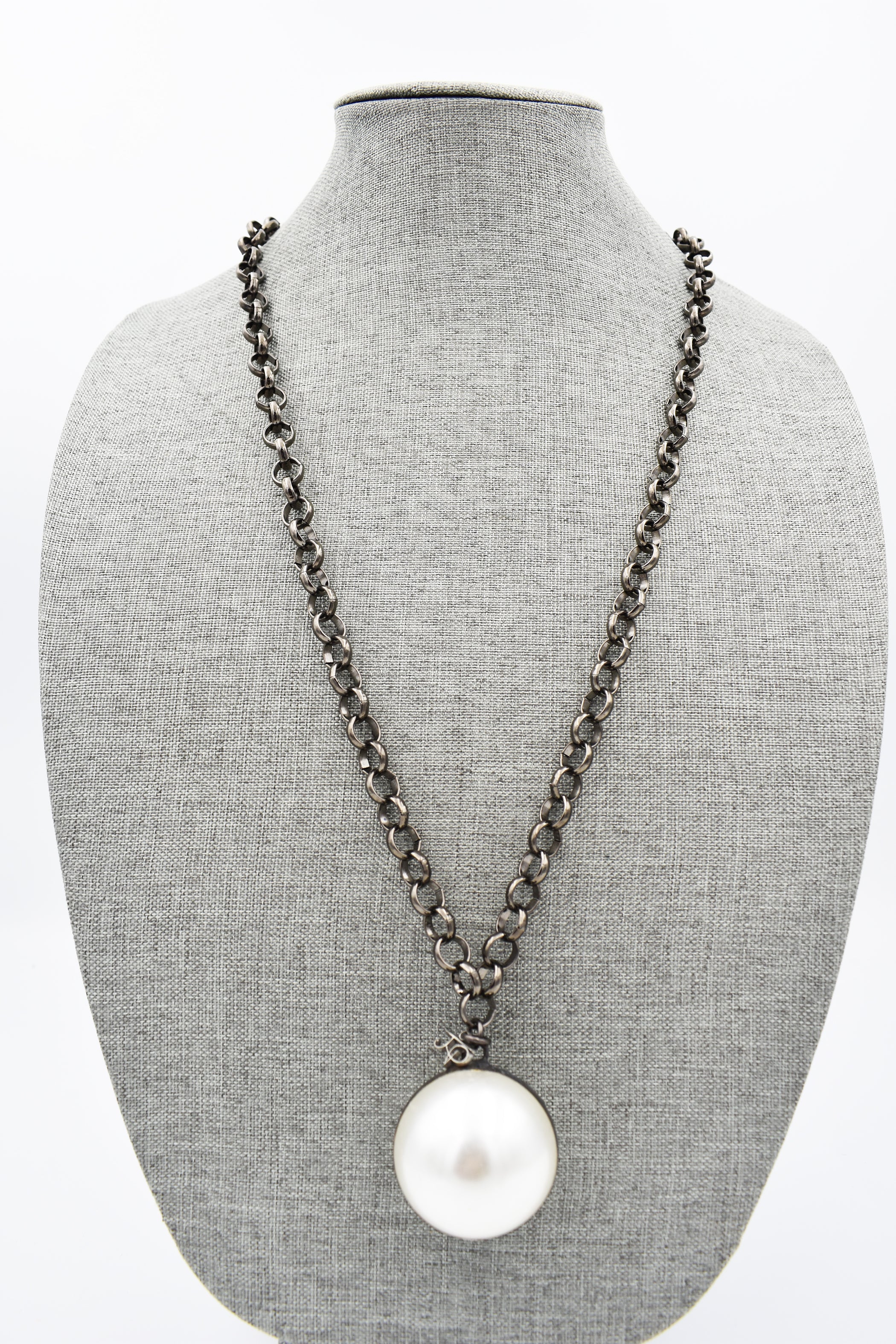 Gunmetal Chain Necklace with 42mm Glass Pearl