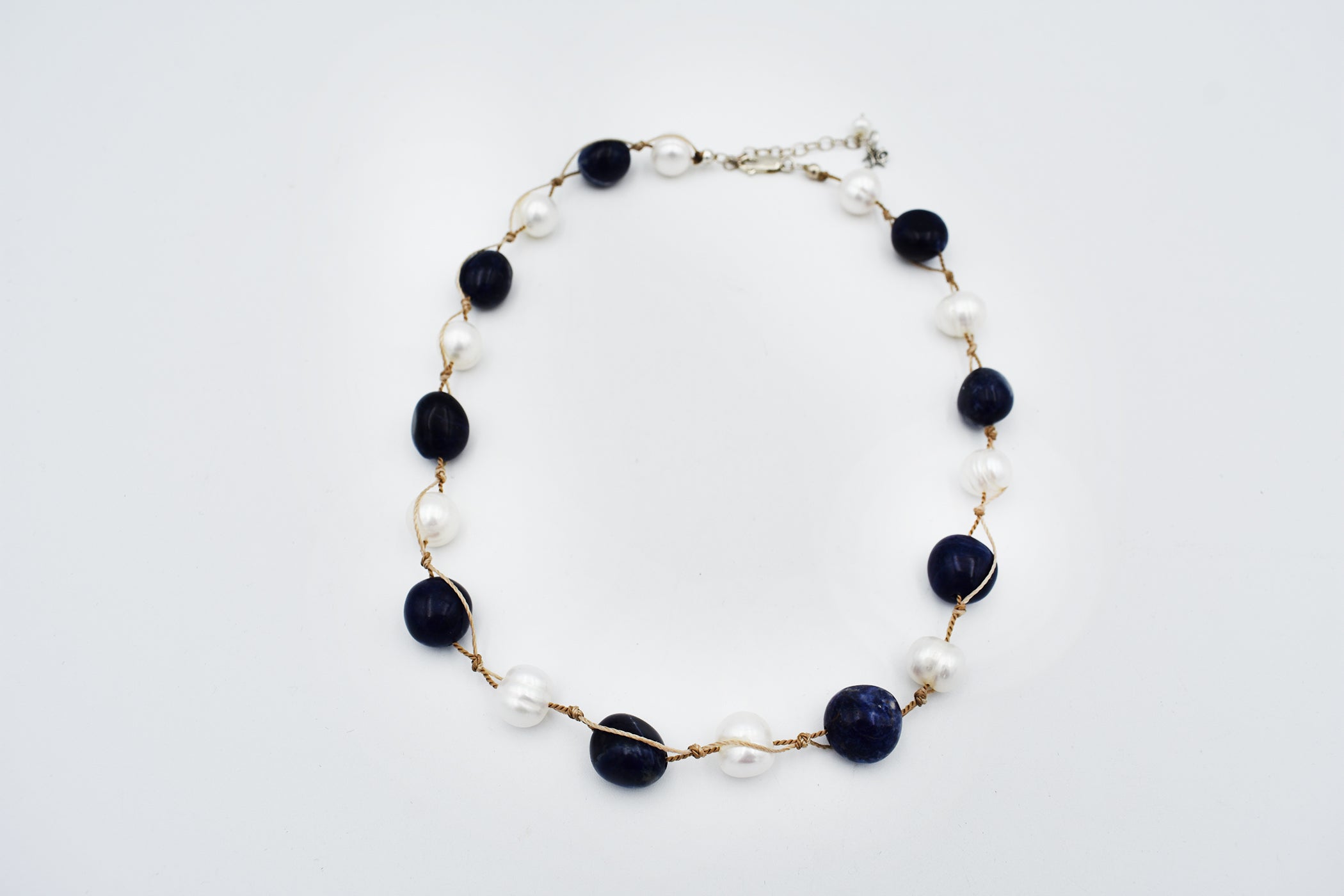 Lapis and Pearl L Knot Necklace