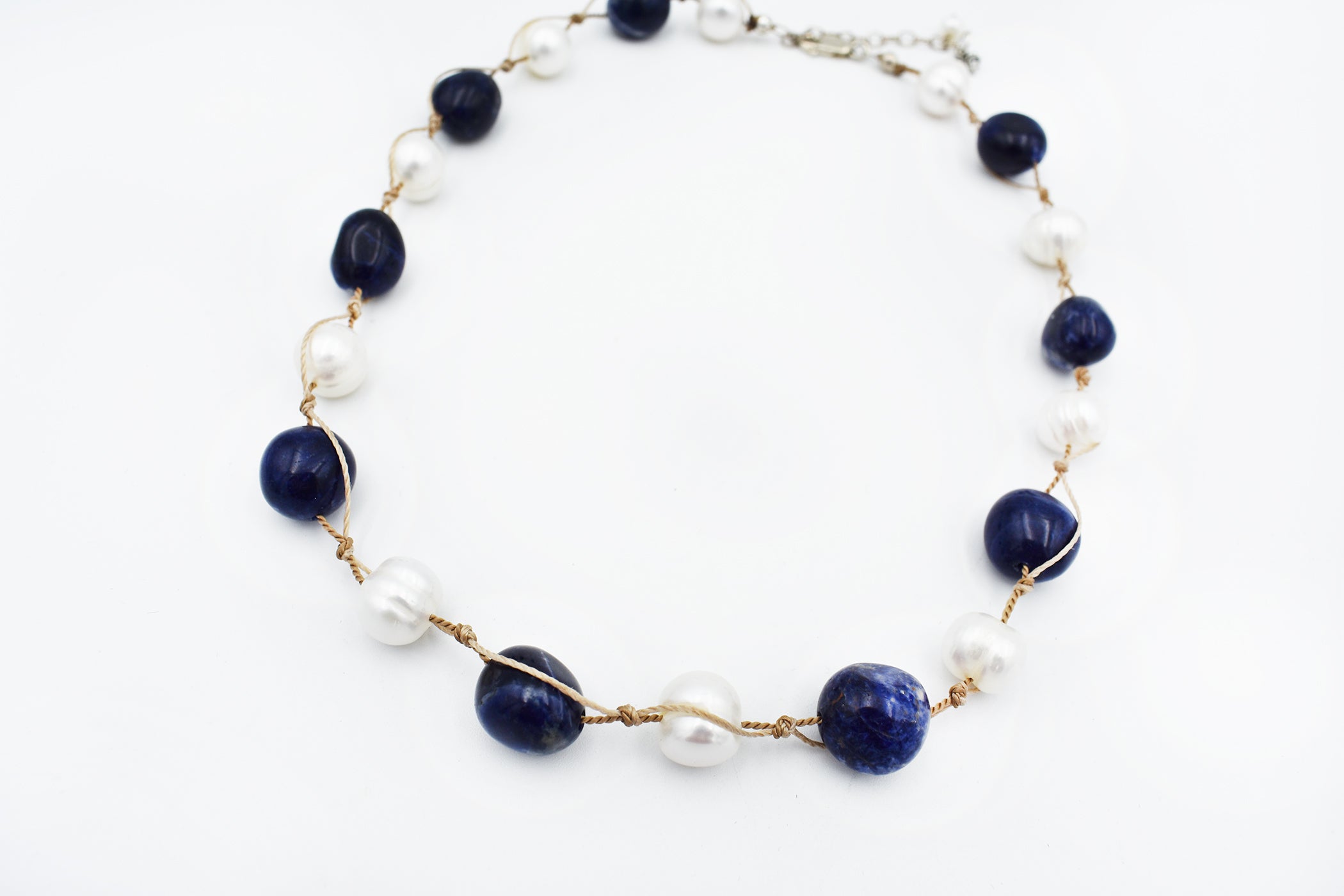 Lapis and Pearl L Knot Necklace