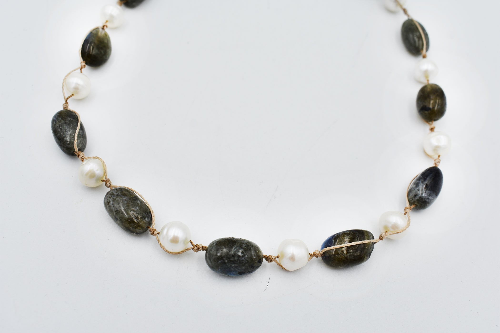 Labradorite and Pearl L Knot Necklace