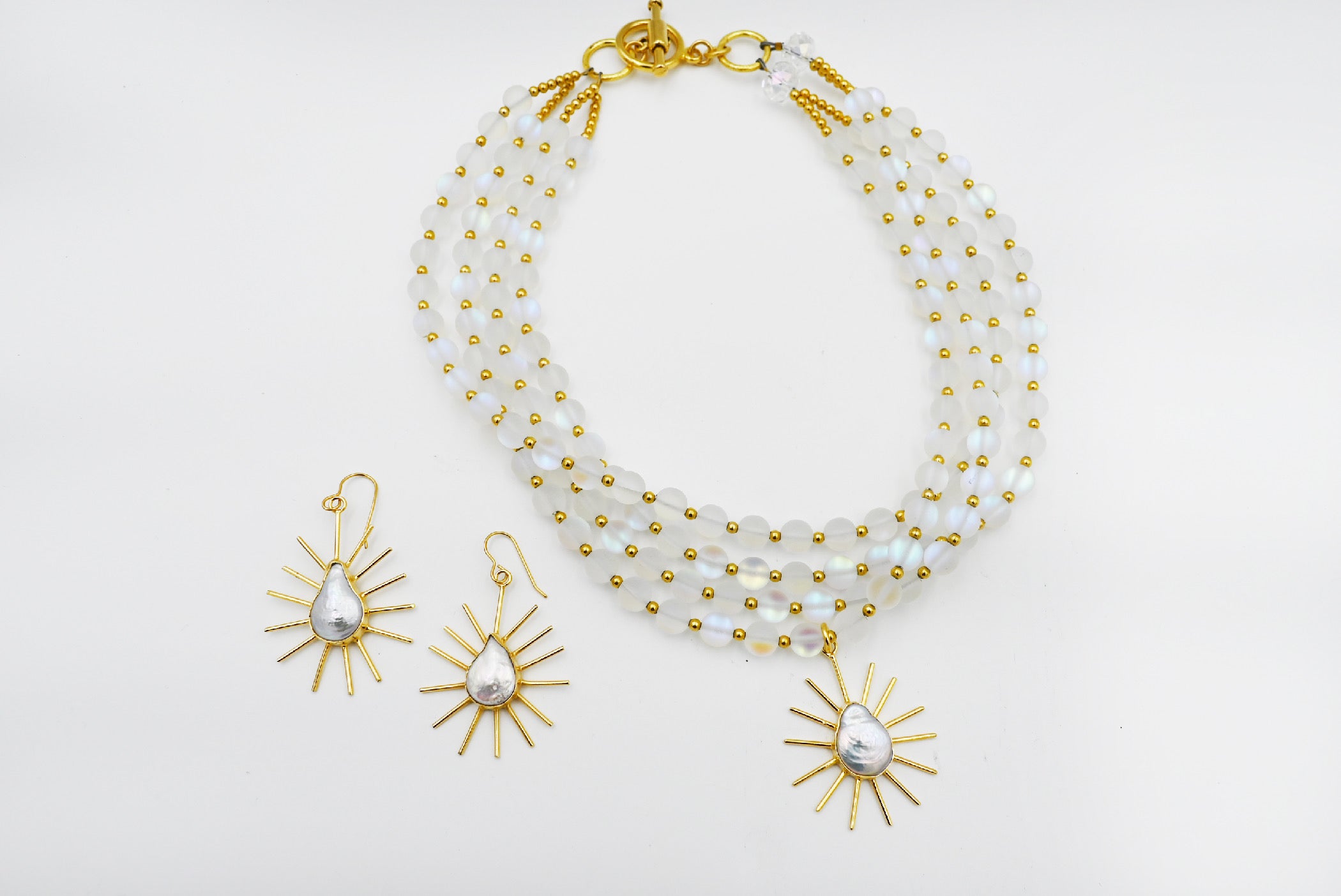 Triple Strand Clear Mermaid Glass Necklace with Pearl Sunbeam Charm