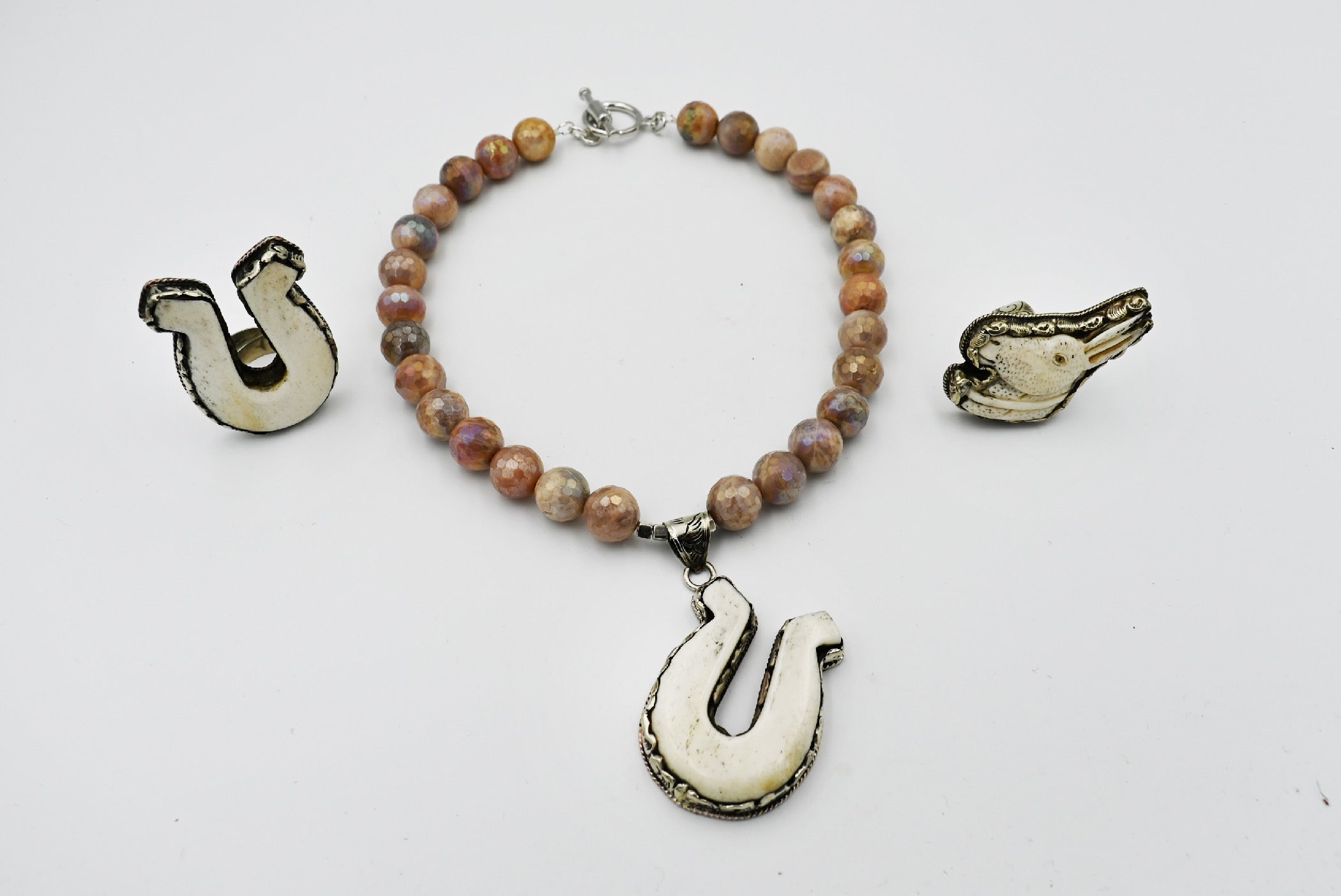Moonstone with Silver Coated Beads Necklace with Horseshoe Carved Bone Pendant
