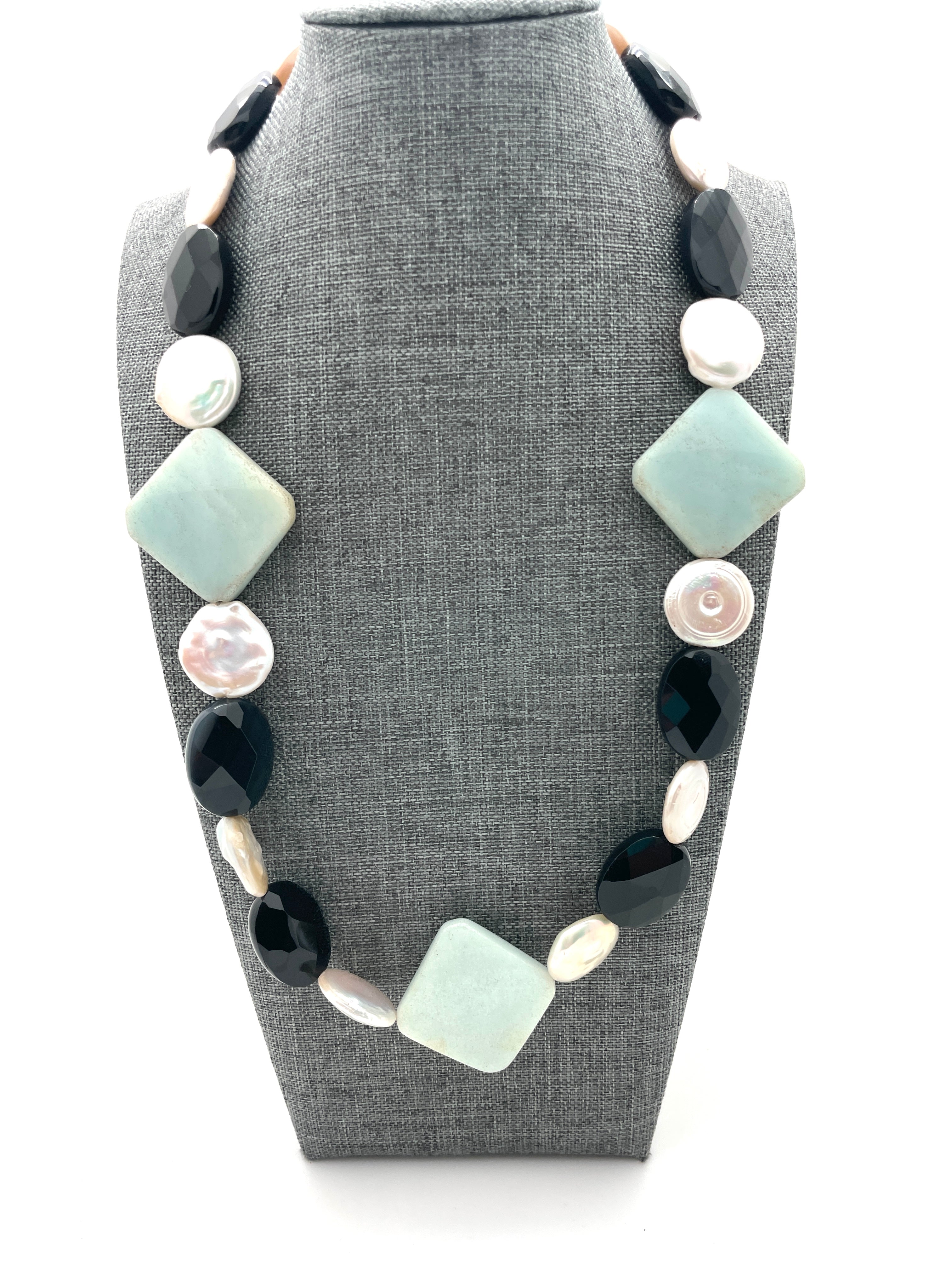 Amazonite, Black Onyx, and Pearl Necklace