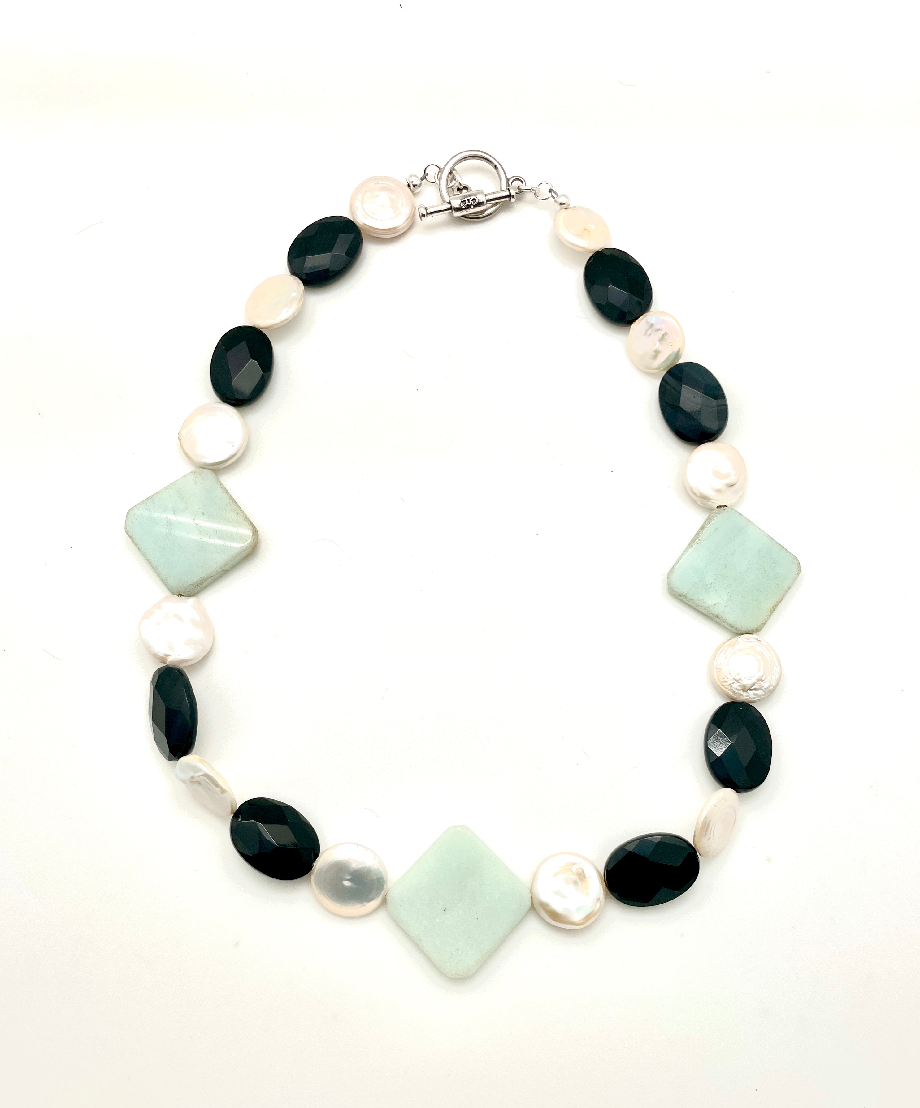Amazonite, Black Onyx, and Pearl Necklace