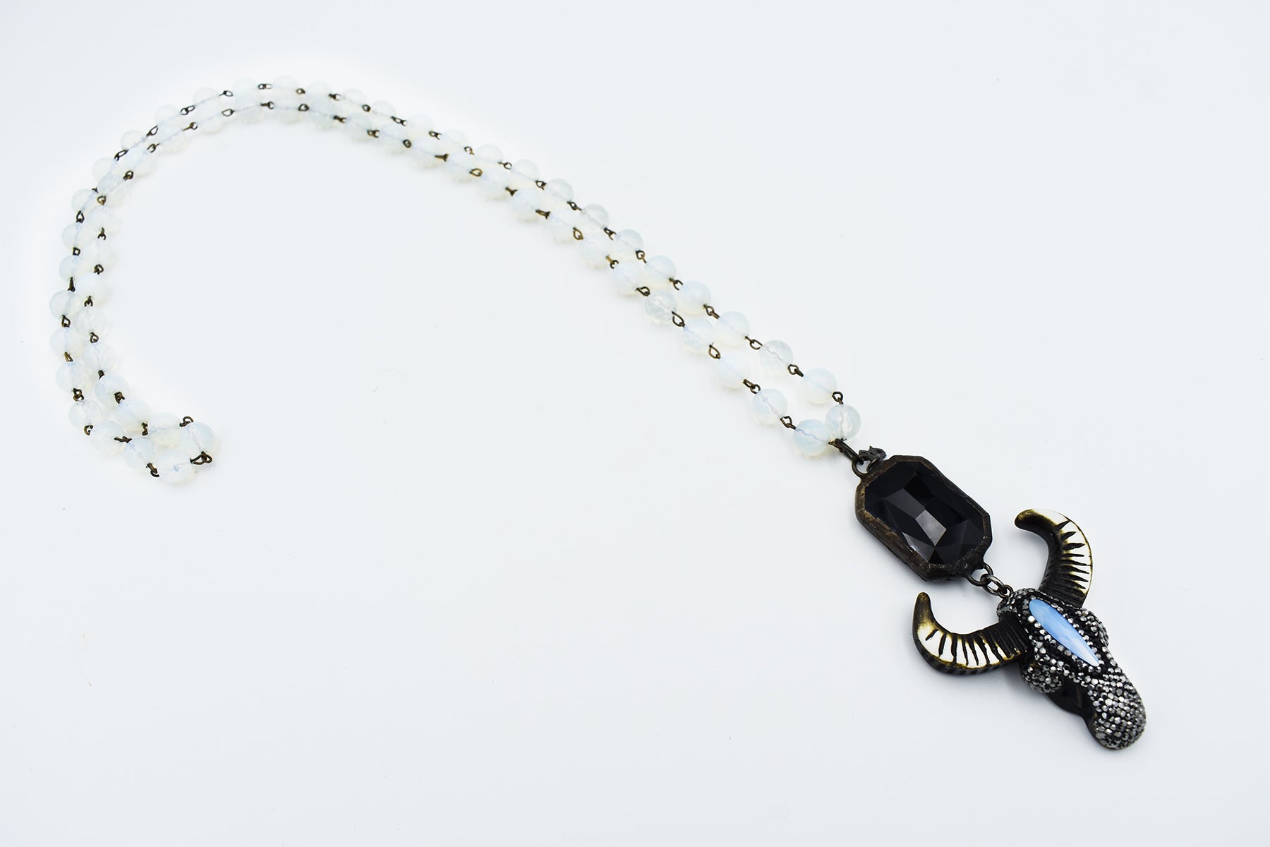 Opalite Beaded Necklace with Black Rectangular Soldered Crystal and Rhinestone Steer Head with Opalite Crystal